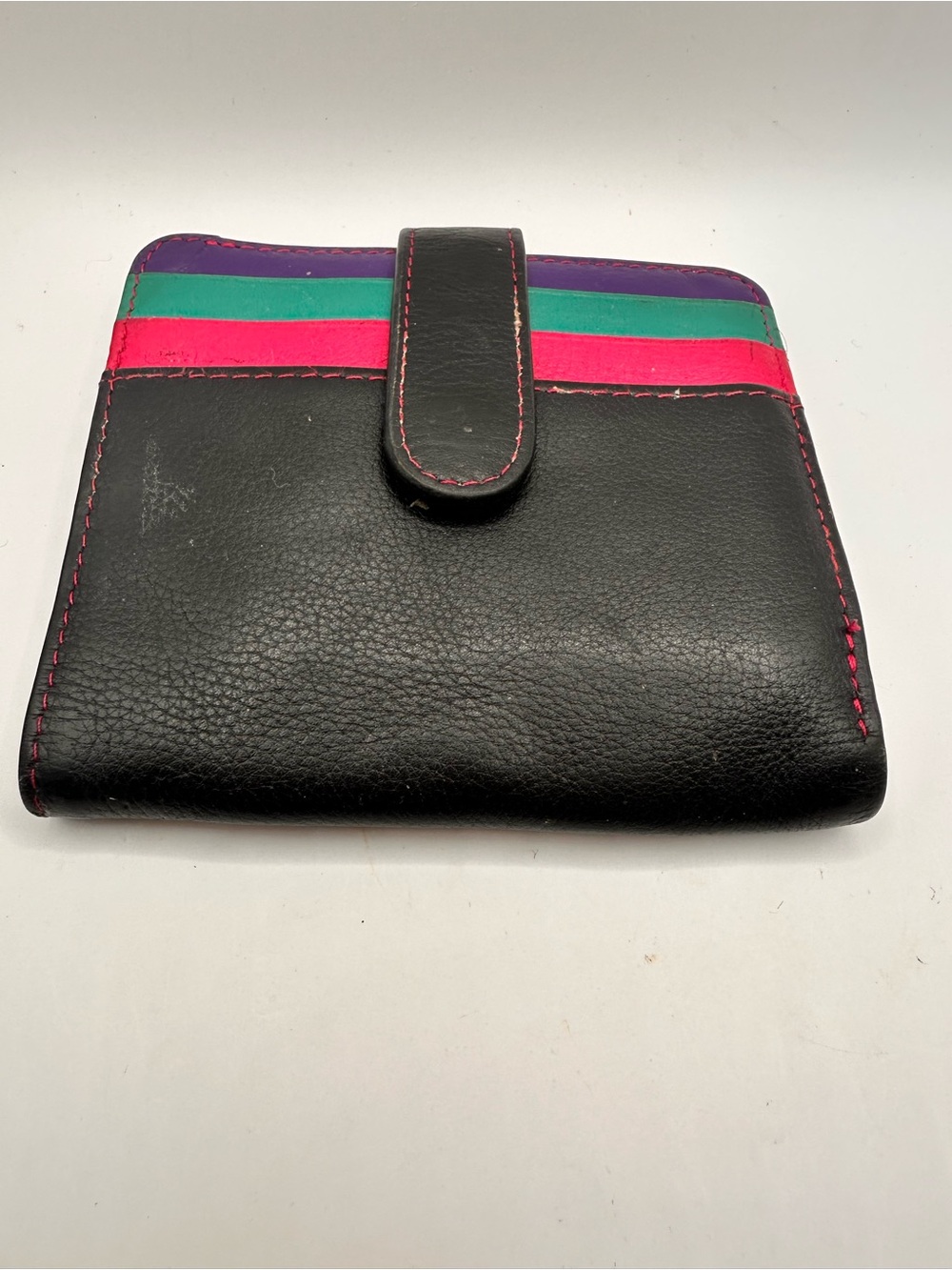 Black Leather Wallet with Pink, Teal & Purple Stripes